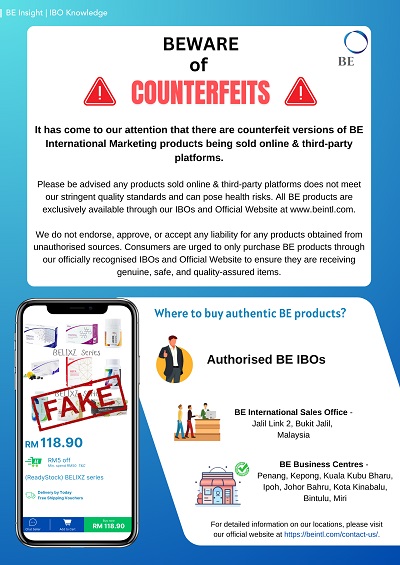 BE International Beware of Counterfeits notice