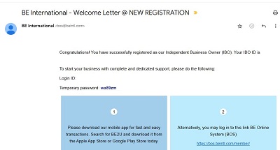 BE International member registration confirmation Welcome Letter