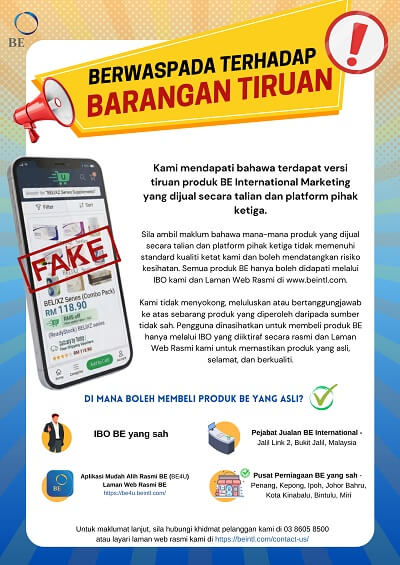 Notis BE International mengenai produk palsu
