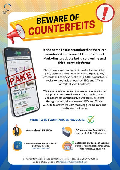 BE International notice on fake items