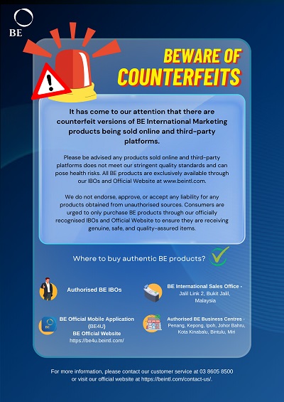 BE International Beware of Counterfeits notice